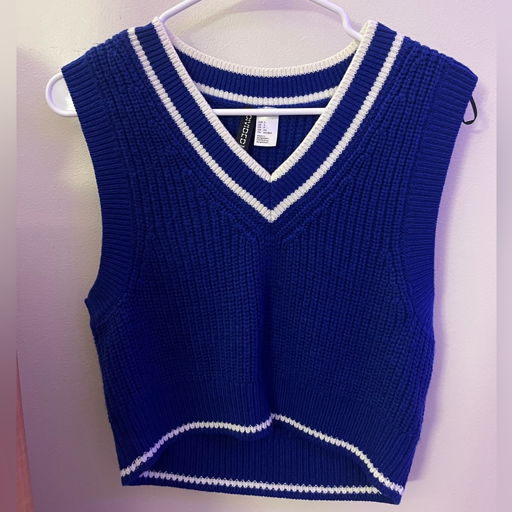 Varsity-Striped Cropped Navy Sweater Vest: Small